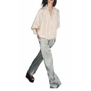 Zara Women's Medium Cream Long Puff Sleeve Lapel Collar Zip Up Bomber Jacket